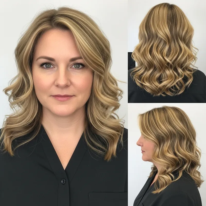 Caramel Blonde Layered Curls with Honey Highlights