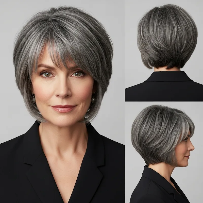 Short Salt And Pepper Bob With Bangs
