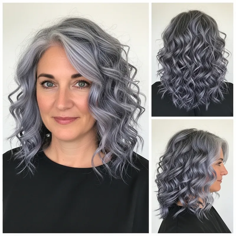 Salt and Pepper Curly Lob (Long Bob)