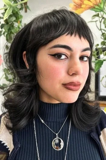 Black Shag with Micro Bangs and Flipped Ends