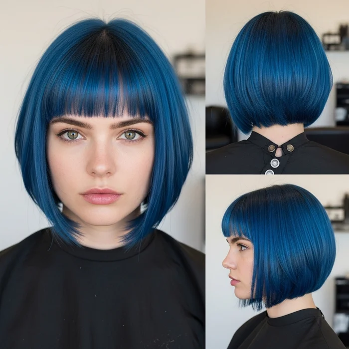 Blue Asymmetrical Bob With Baby Bangs