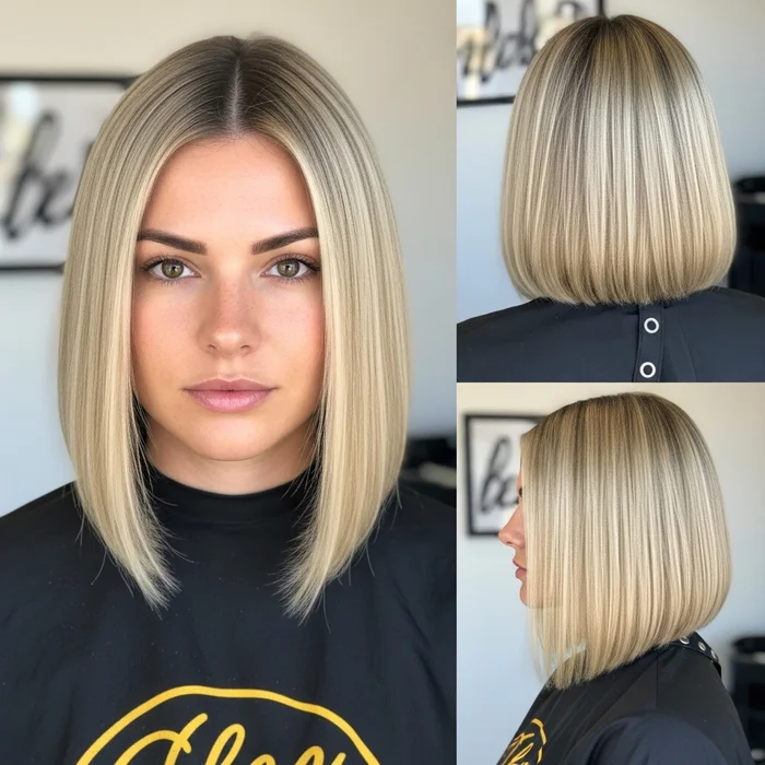 Blunt Blonde Bob With Dark Roots