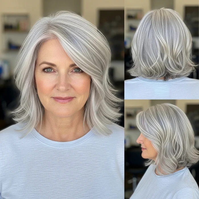 Blunt Gray Lob With Face-Framing Waves