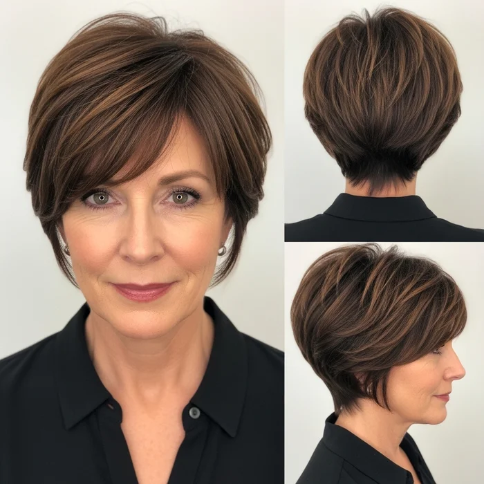 Brunette Layered Pixie with Side-Swept Bangs