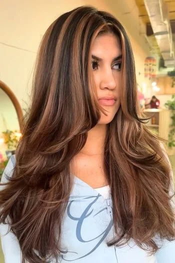 Brunette Layers with Caramel Highlights and Flow