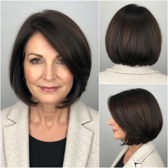 Brunette Side-Swept Shoulder-Length Bob