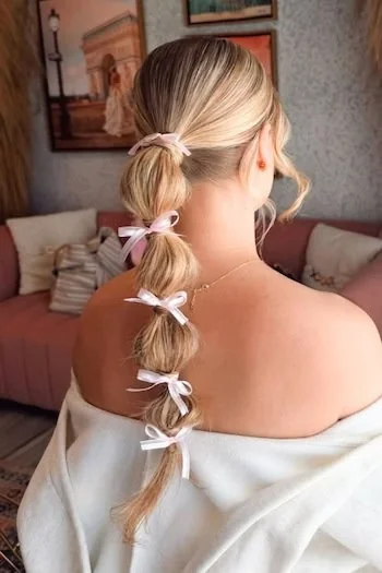 Bubble Ponytail with Pink Ribbon Accents