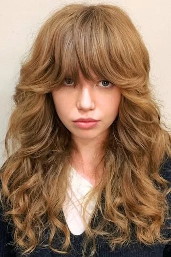 Caramel Curly Wolf Cut with Full Bangs