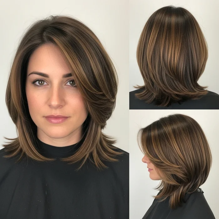 Chin-Length layered  Brunette Bob with Caramel Highlights
