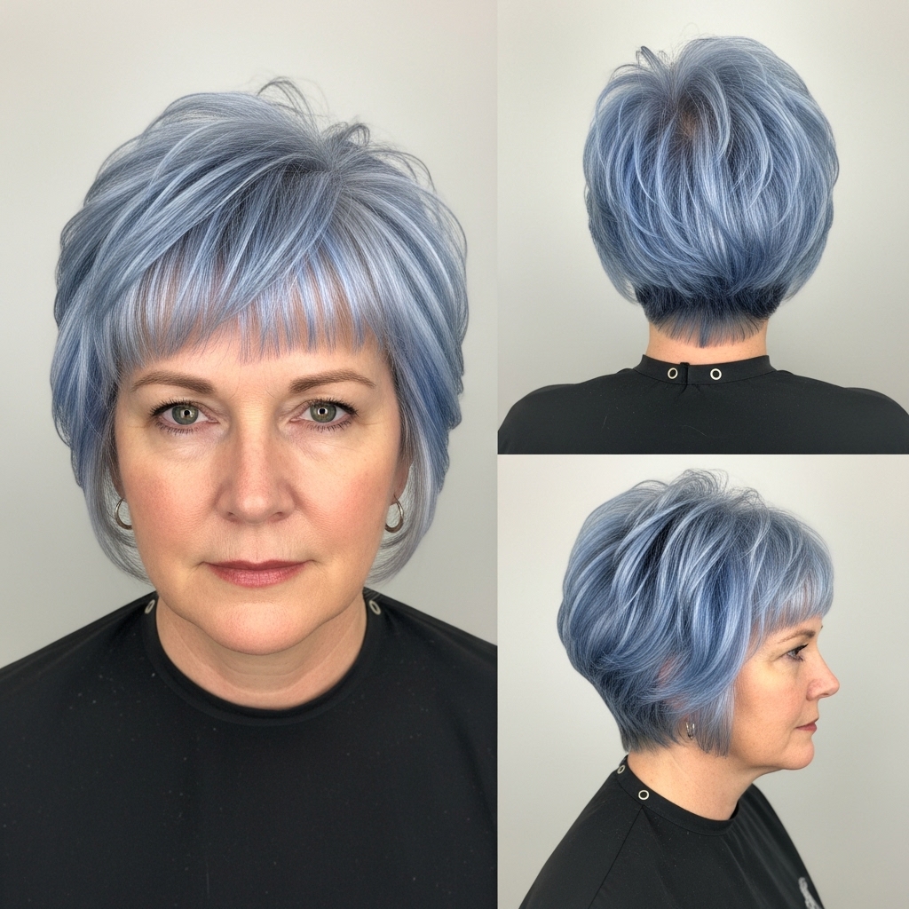Choppy Silver Pixie With Blue Highlights And Micro Bangs.