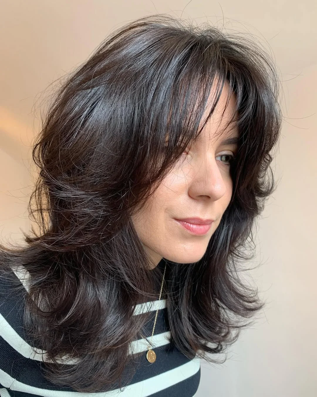 Classic Brunette Wolf Cut with Soft Curtain Layers