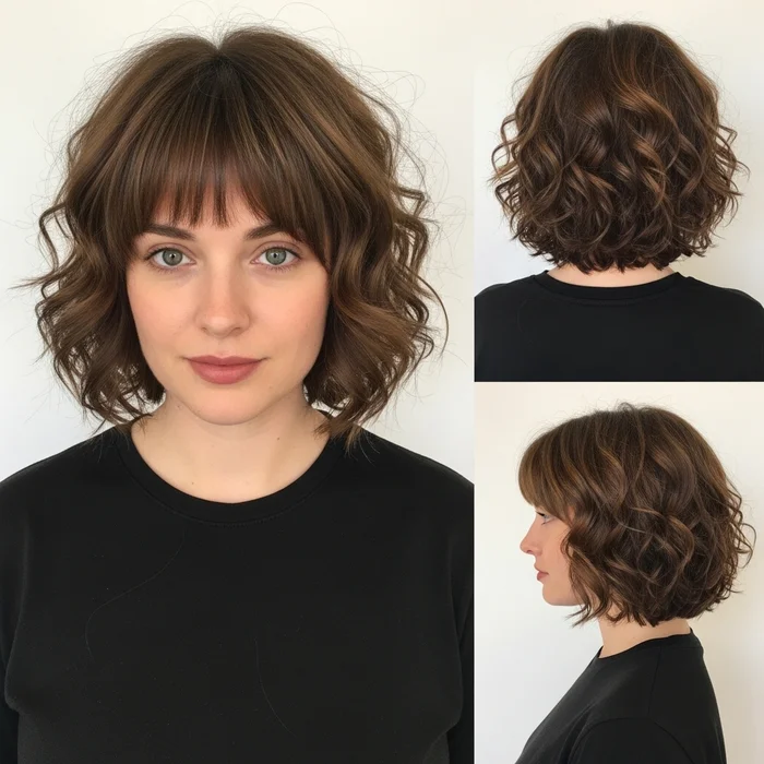 Curly Layered Bob with Bangs