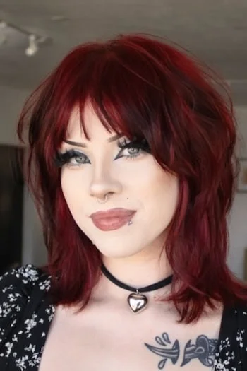 Deep Red Shag with Wispy Curtain Bangs