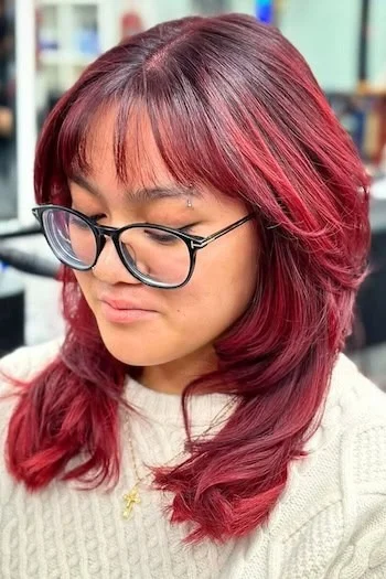 Deep Red Wolf Cut with Rounded Layers