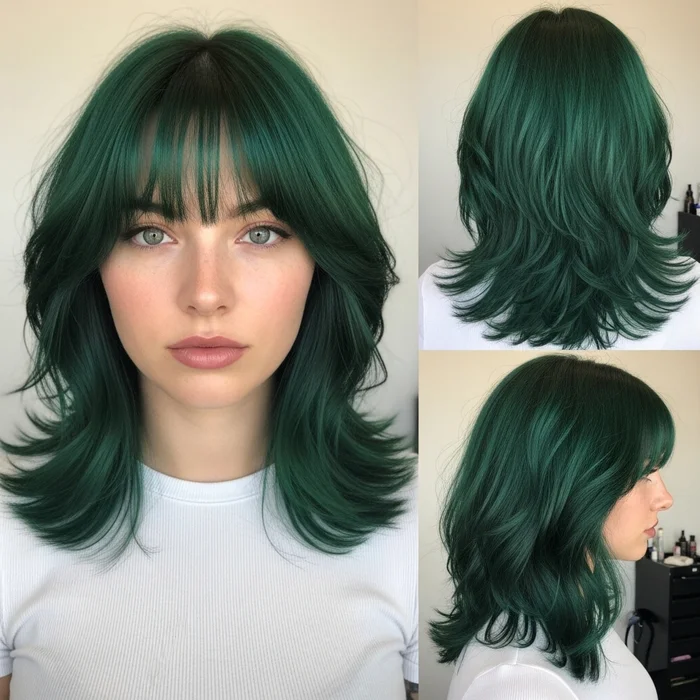 Emerald Green Textured Layers With See-Through Bangs