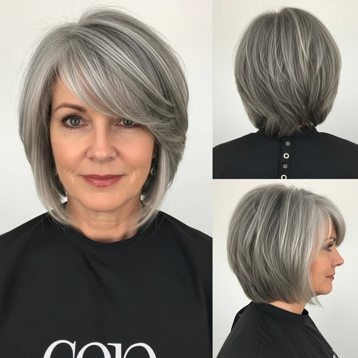 Flipped Gray Lob With Side-Swept Bangs