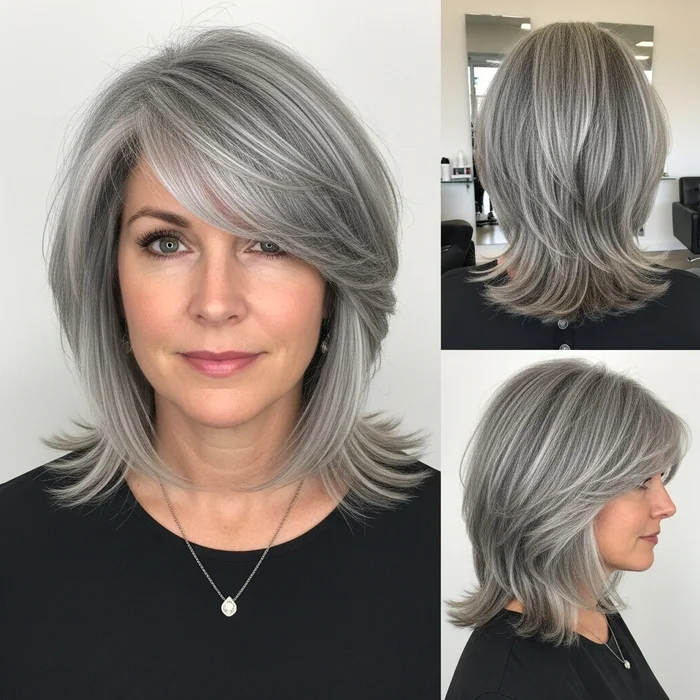 Flipped Gray Lob With Side-Swept Bangs