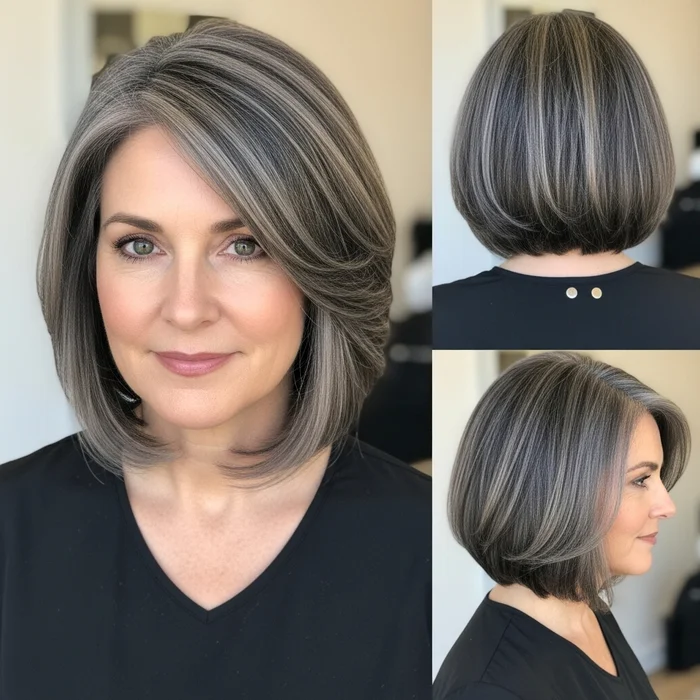 Gray Blending Bob for Dark Hair Over 50