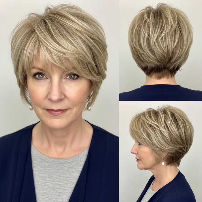 Honey Blonde Layered Pixie with Choppy Bangs