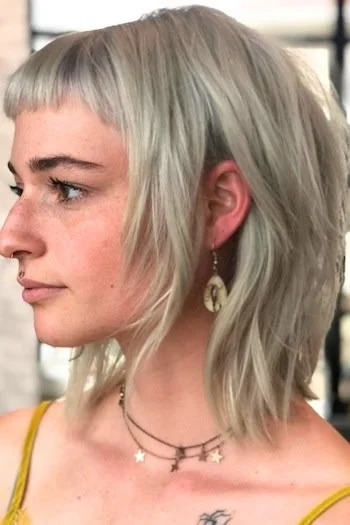 Icy Blonde Shag with Micro Bangs