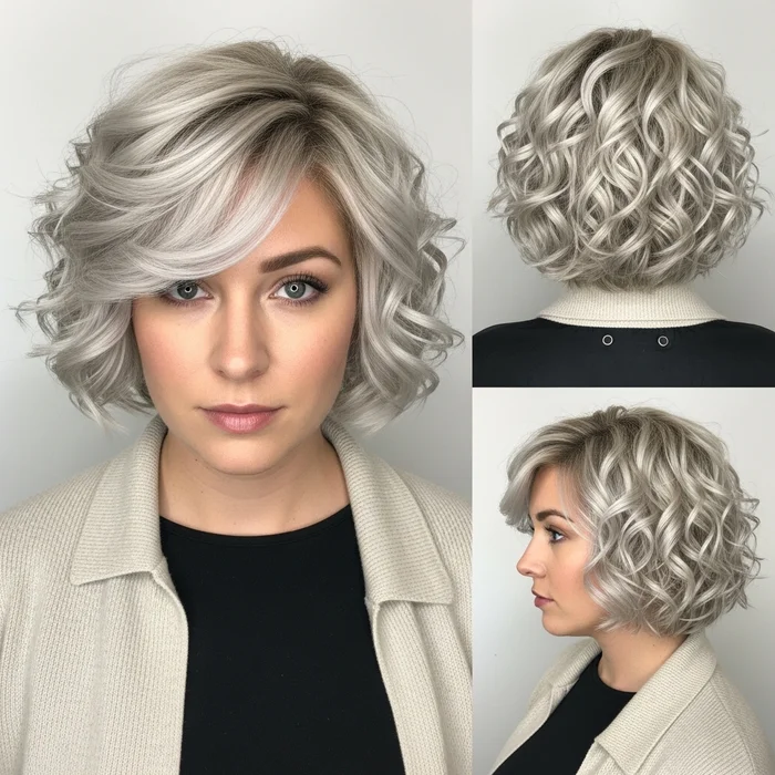 Icy White-Blonde Curly Bob With Defined Ringlets