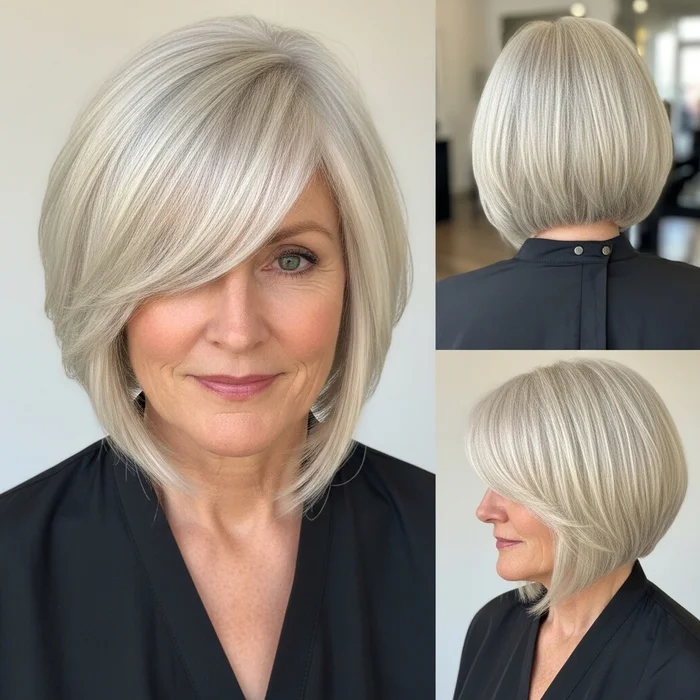 Platinum Blonde Angled Bob With Long Side Bangs