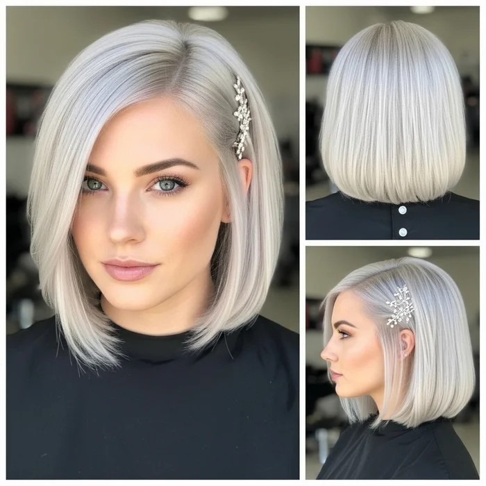 Platinum Blonde Undercut Bob With Sparkling Hair Clips