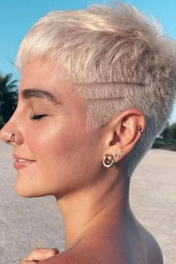 Platinum Buzzed Pixie with Shaved Line Design