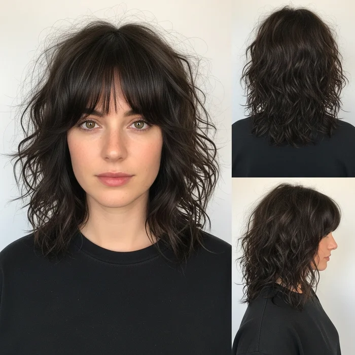 Shaggy Long Curly Bob with Bangs