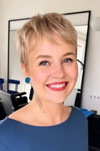 Short Ash Blonde Pixie with Feathered Fringe