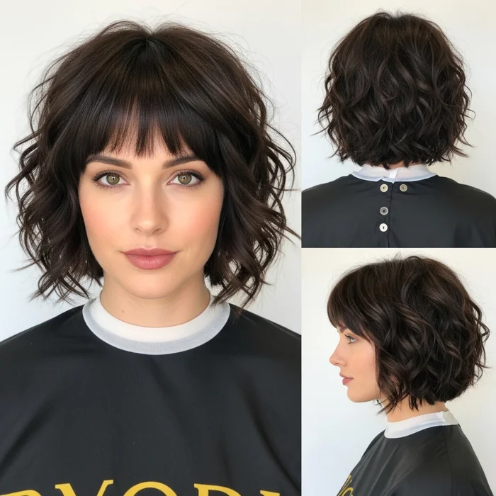 Short Curly Angled Bob with Bangs