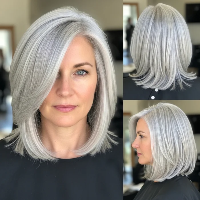Sleek Silver Long Bob with Side Part