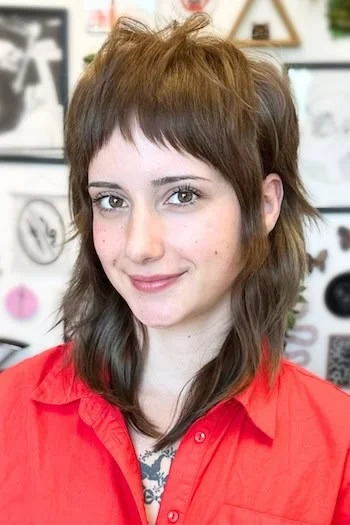 Soft Brown Mullet Shag with Baby Bangs