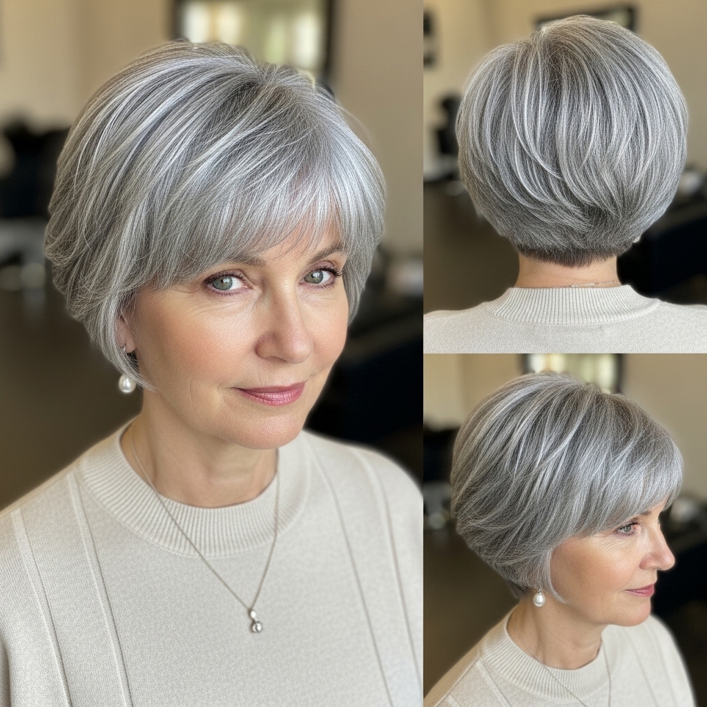 Soft Gray Tapered Pixie With Fringe