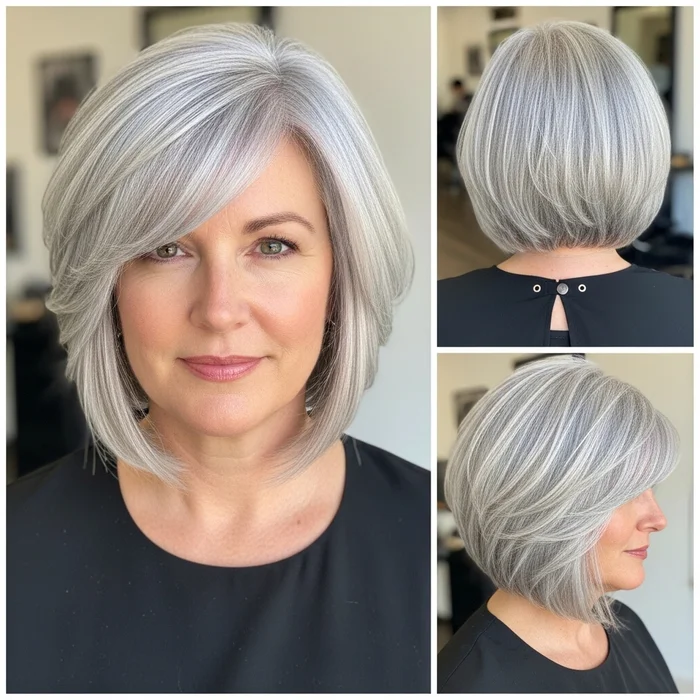 Tapered Silver Bob With Side-Swept Bangs