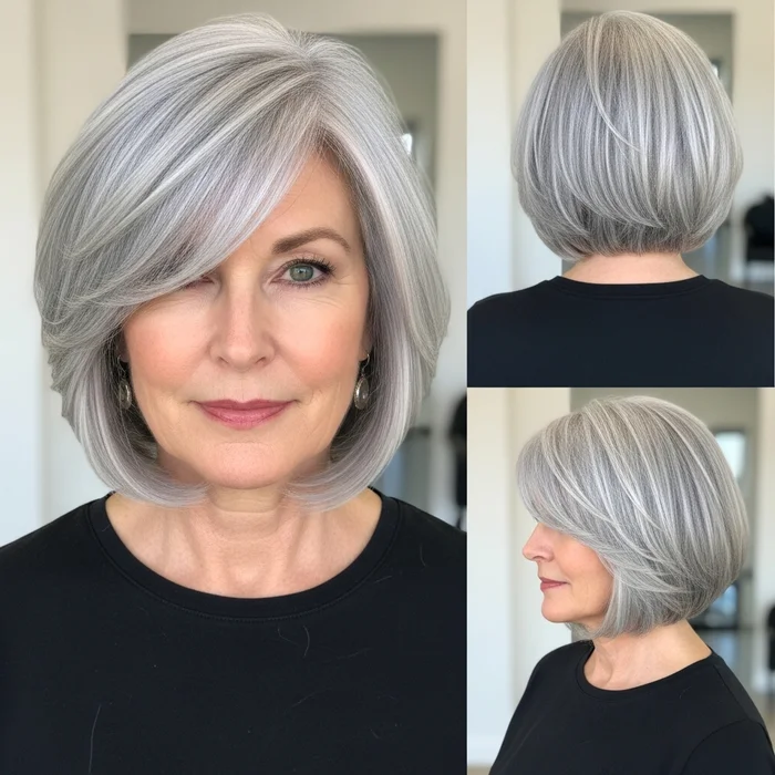 Tapered Silver Bob with Side-Swept Bangs