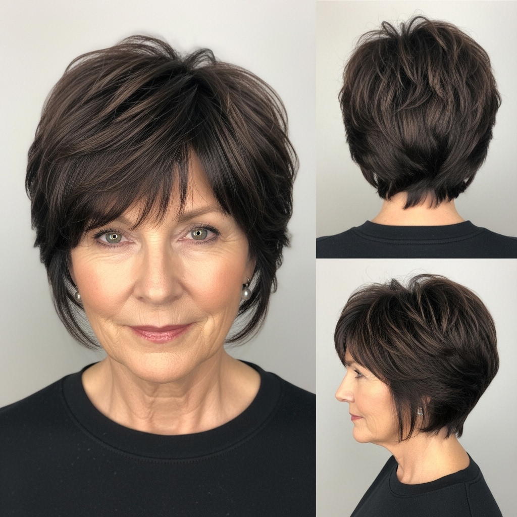 Textured Dark Brown Pixie With Piecey Bangs