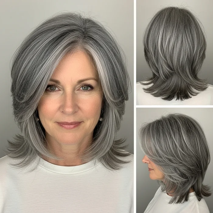 Textured Gray Long Bob with Feathered Layers