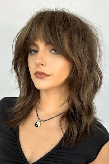 Tousled Brunette Shag with Soft Bangs