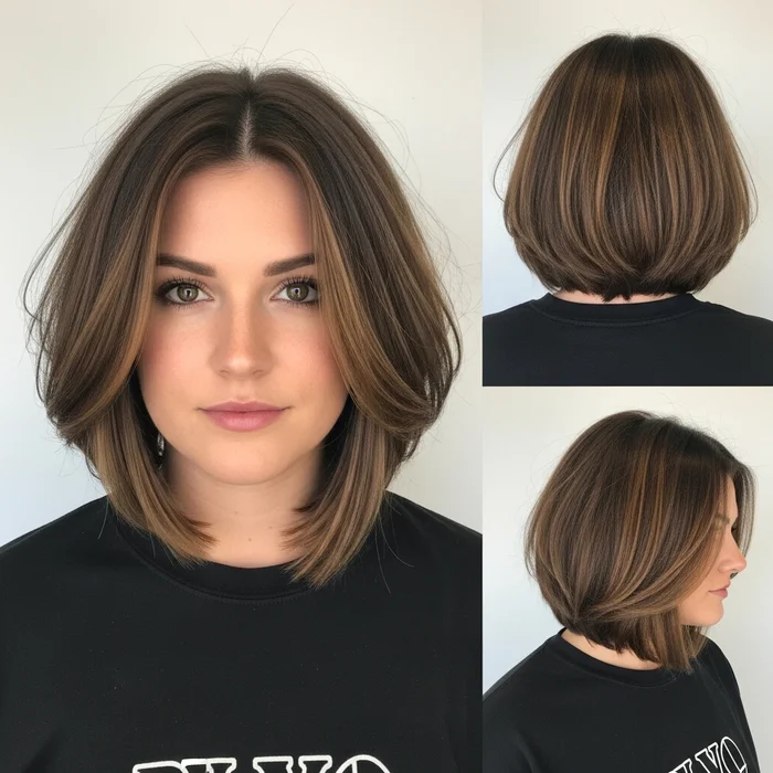 Tousled Dimensional Brown Blunt Bob with highlights