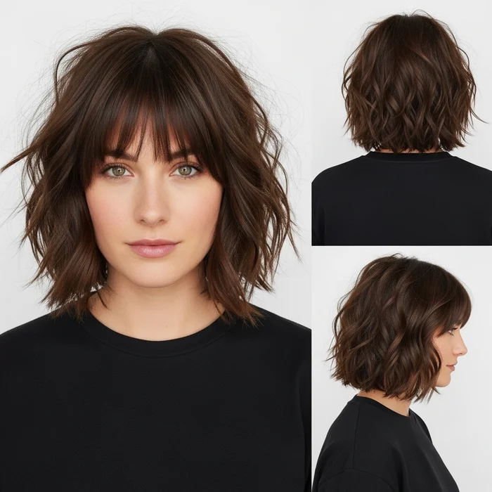 Tousled Wavy Blunt Bob With Bangs