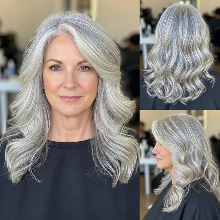 Voluminous Gray Waves With Face-Framing Highlights