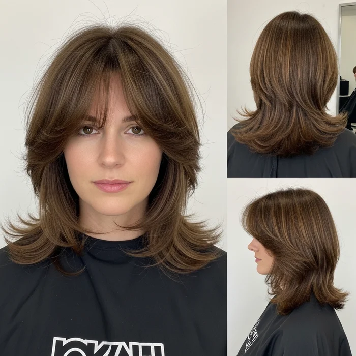Voluminous Shoulder-Length Layers with Feathered Bangs
