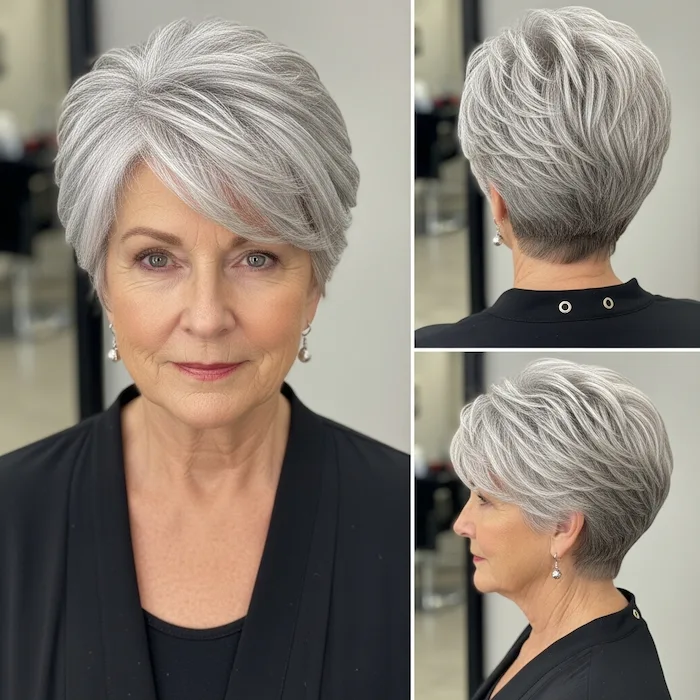 Voluminous Silver Pixie with Stacked Back