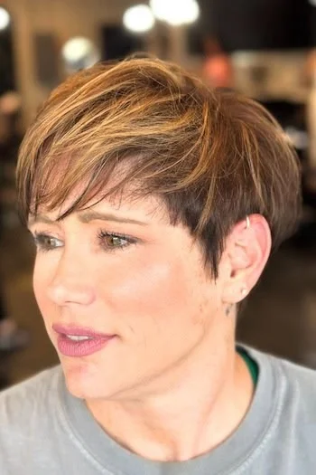 Warm Brunette Pixie with Long Bangs