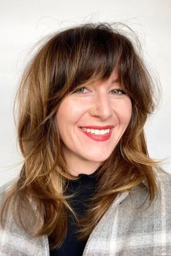 Warm Brunette Shag with Curtain Bangs