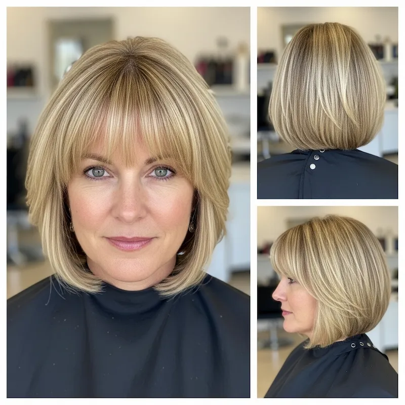 Blonde Highlighted Chin-Length Bob with Bangs