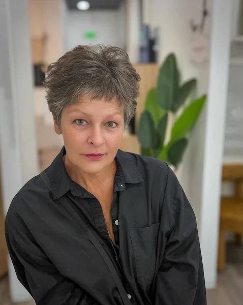 Curly Gray Pixie with Soft Volume and Fringe