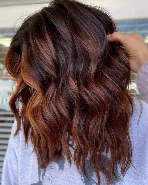 Auburn Balayage Wavy Layered Lob Cut