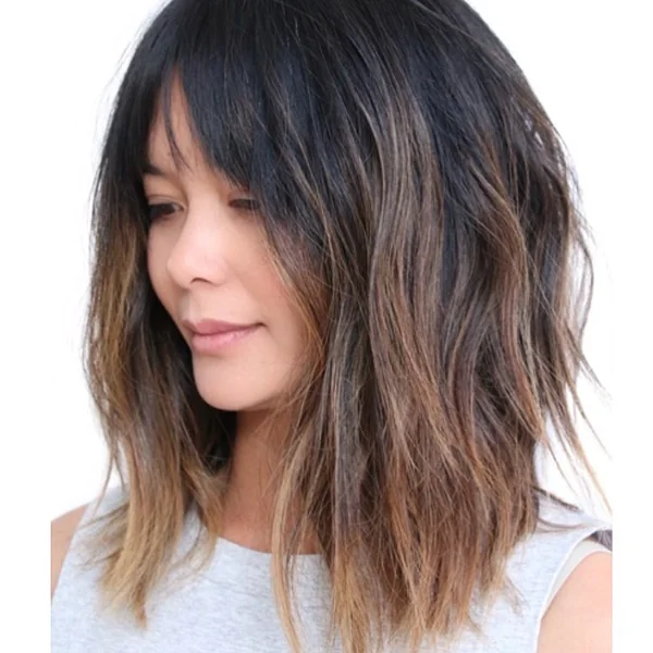 Choppy Wavy Ombré Lob with Light Fringe